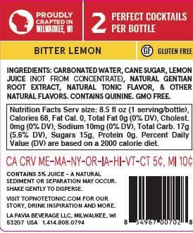 award winning sparkling bitter lemon tonic back label with nutrition facts